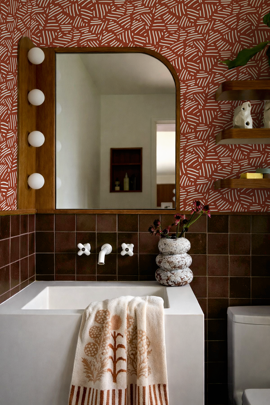 Simple Stripes Wallpaper, brick red and white
