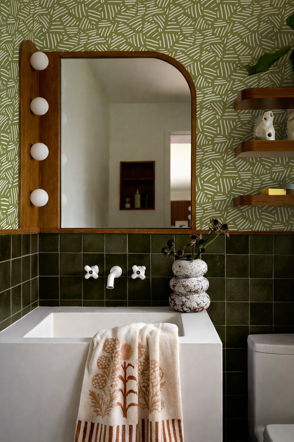 Simple Stripes Wallpaper, olive green and white