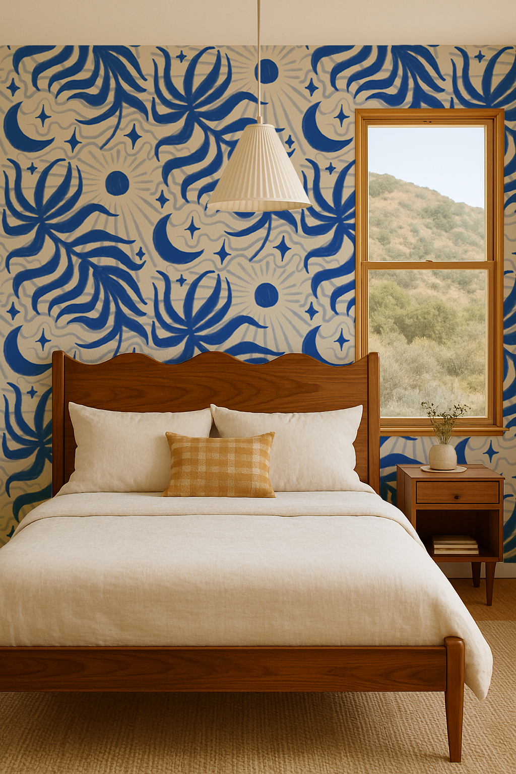 Lunar Leaf Wallpaper, beige and blue