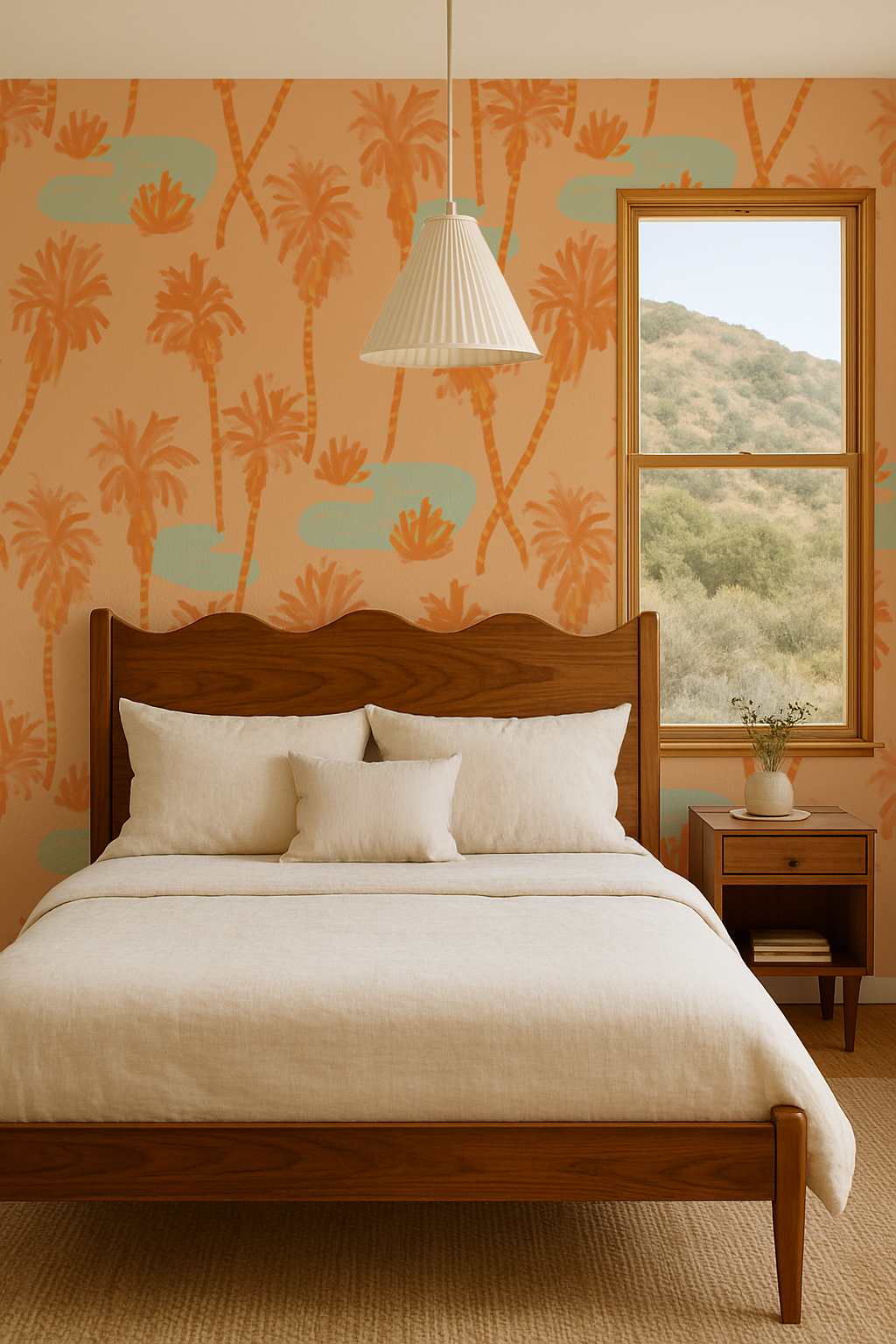 Palm Oasis Wallpaper, orange and mint