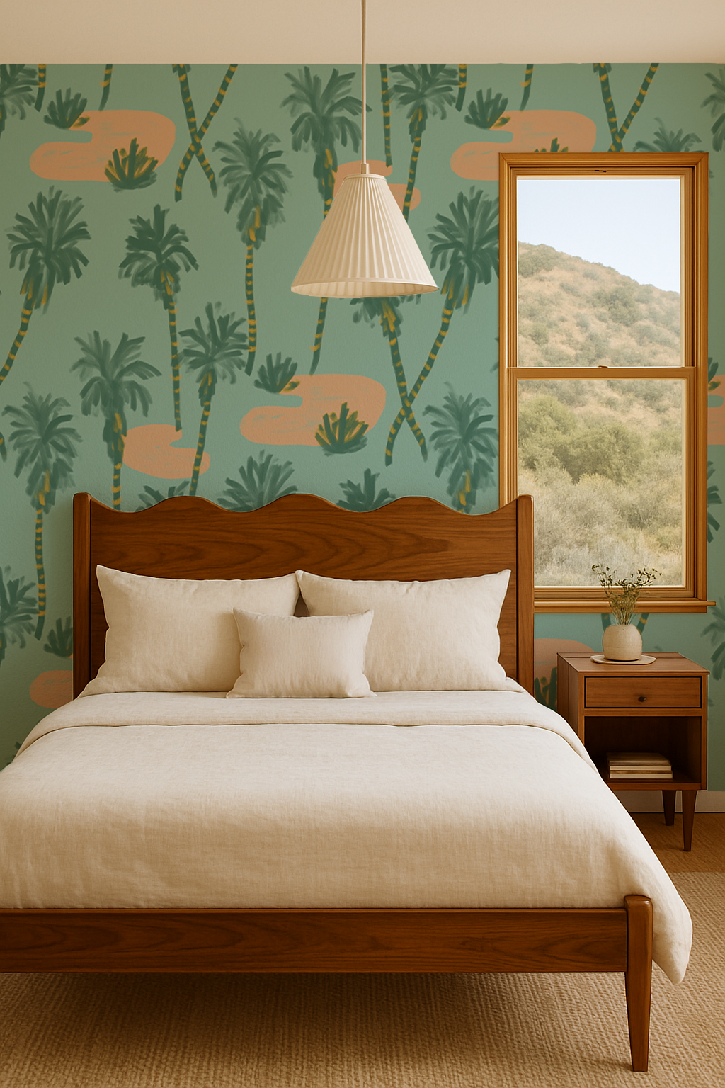 Palm Oasis Wallpaper, teal and peach