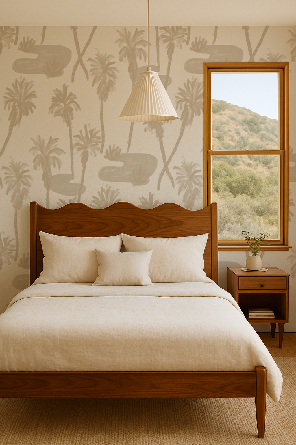 Palm Oasis Wallpaper, tan and white