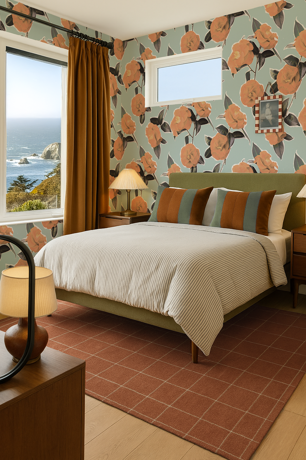 Camellia Wallpaper, light blue and orange
