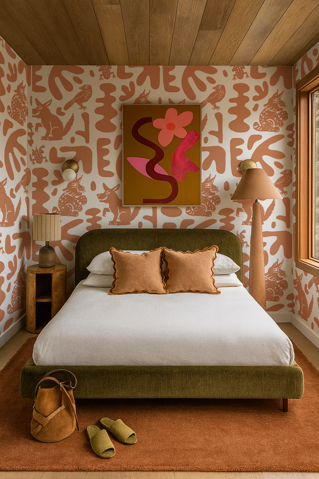 Abstract Animales Wallpaper, white and terra cotta