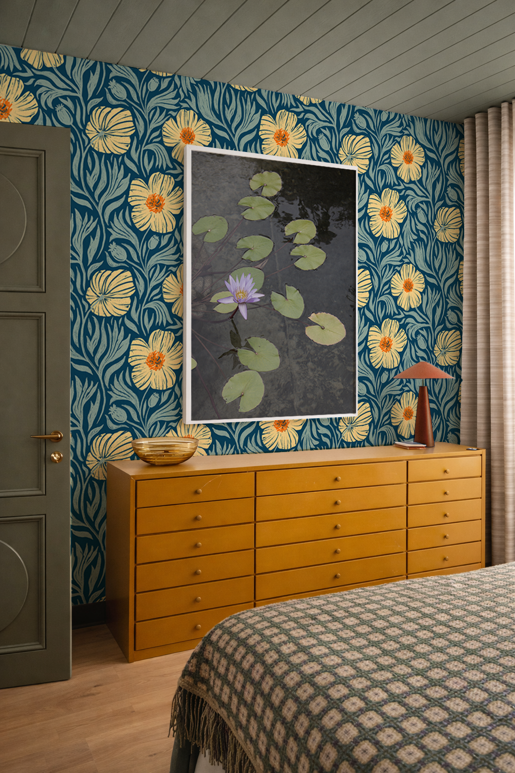 Matilija Wallpaper, navy, orange and mint