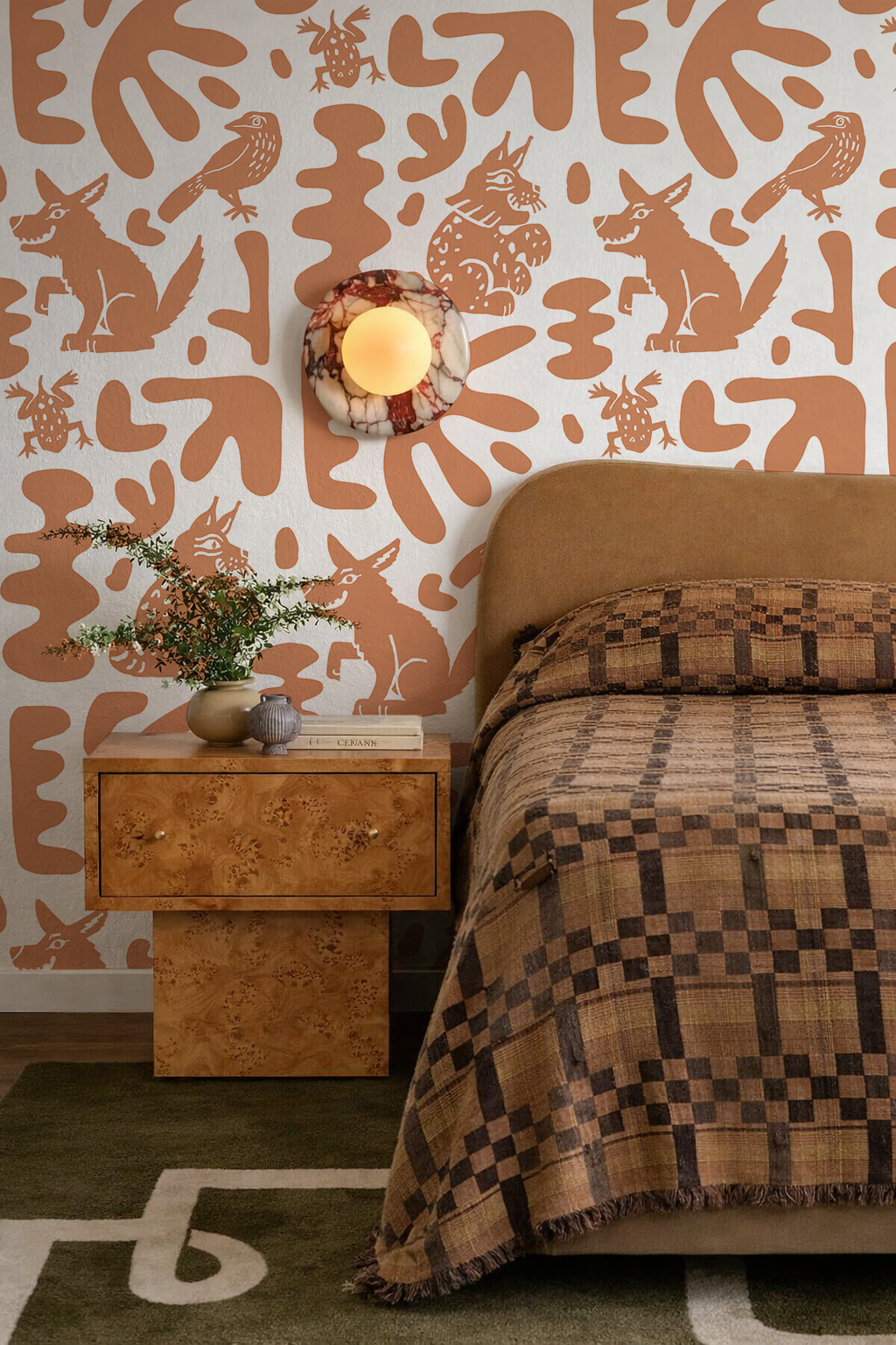 Abstract Animales Wallpaper, white and terra cotta