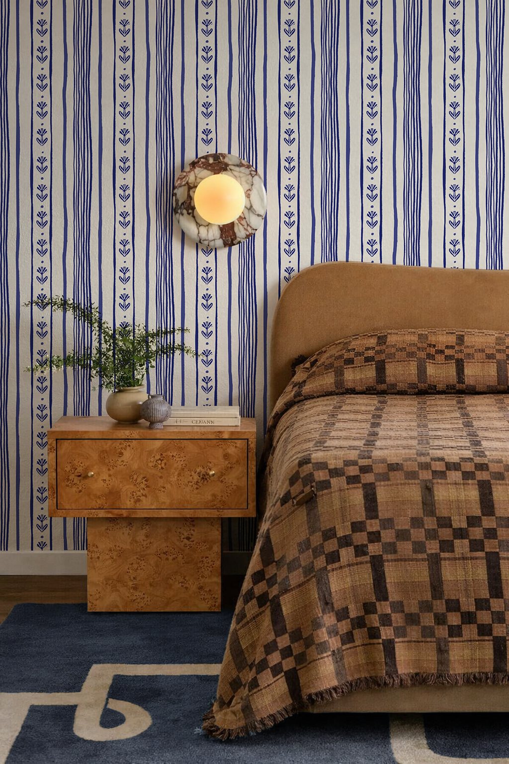 Daisy Chain Stripe Wallpaper, beige and blue