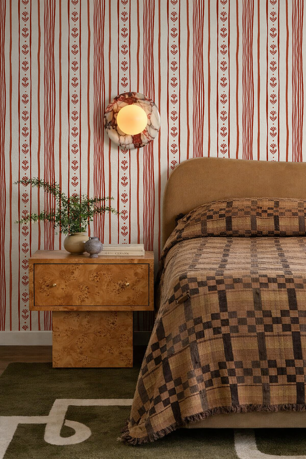 Daisy Chain Stripe Wallpaper, beige and brick red