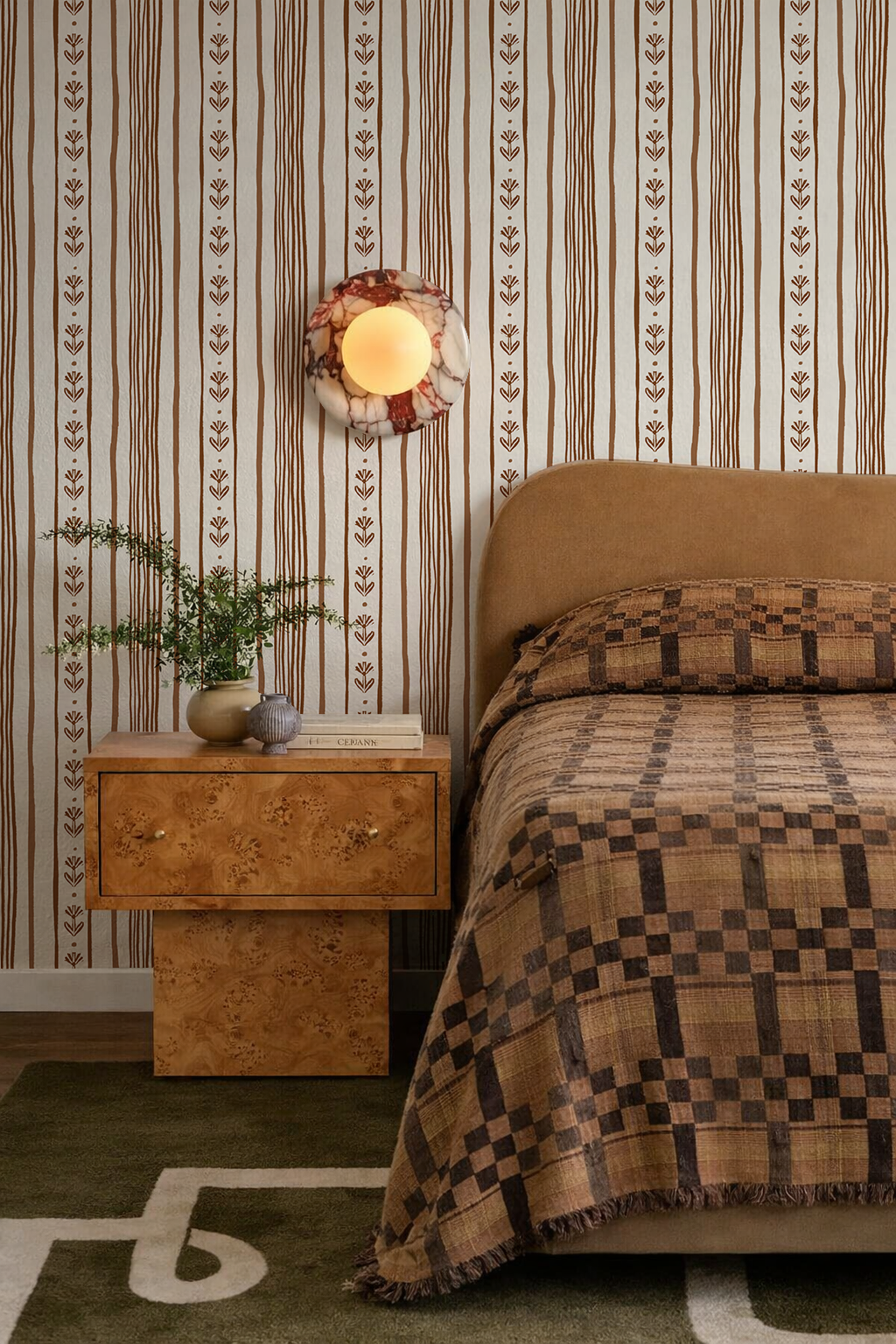 Daisy Chain Stripe Wallpaper, beige and brown