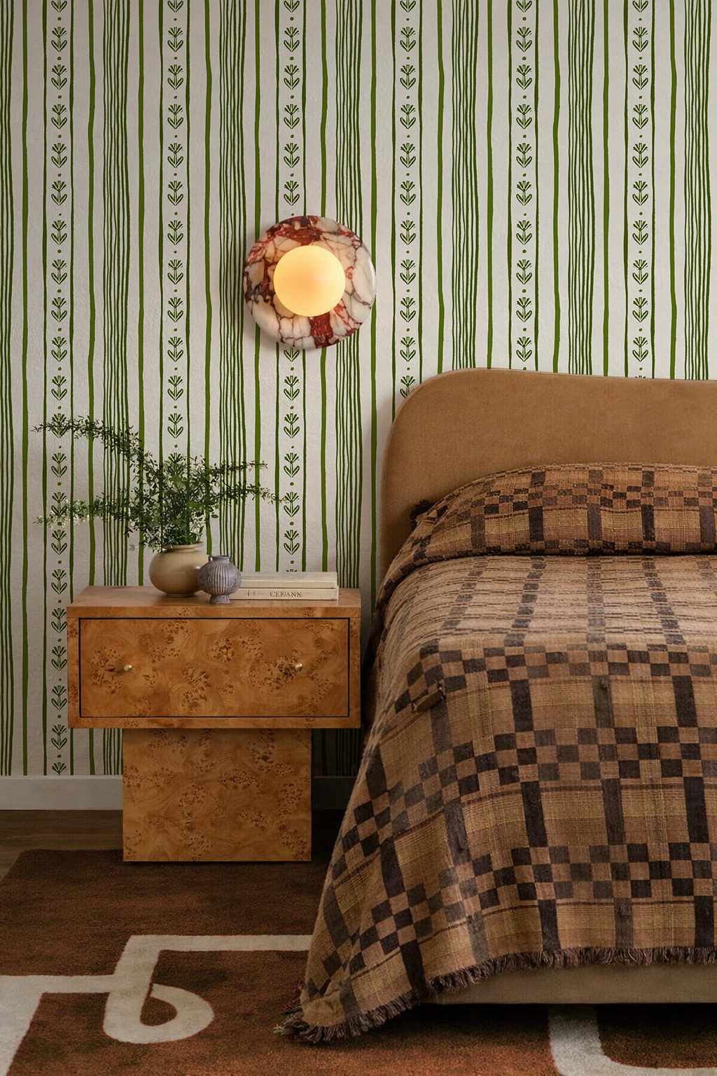 Daisy Chain Stripe Wallpaper, beige and green
