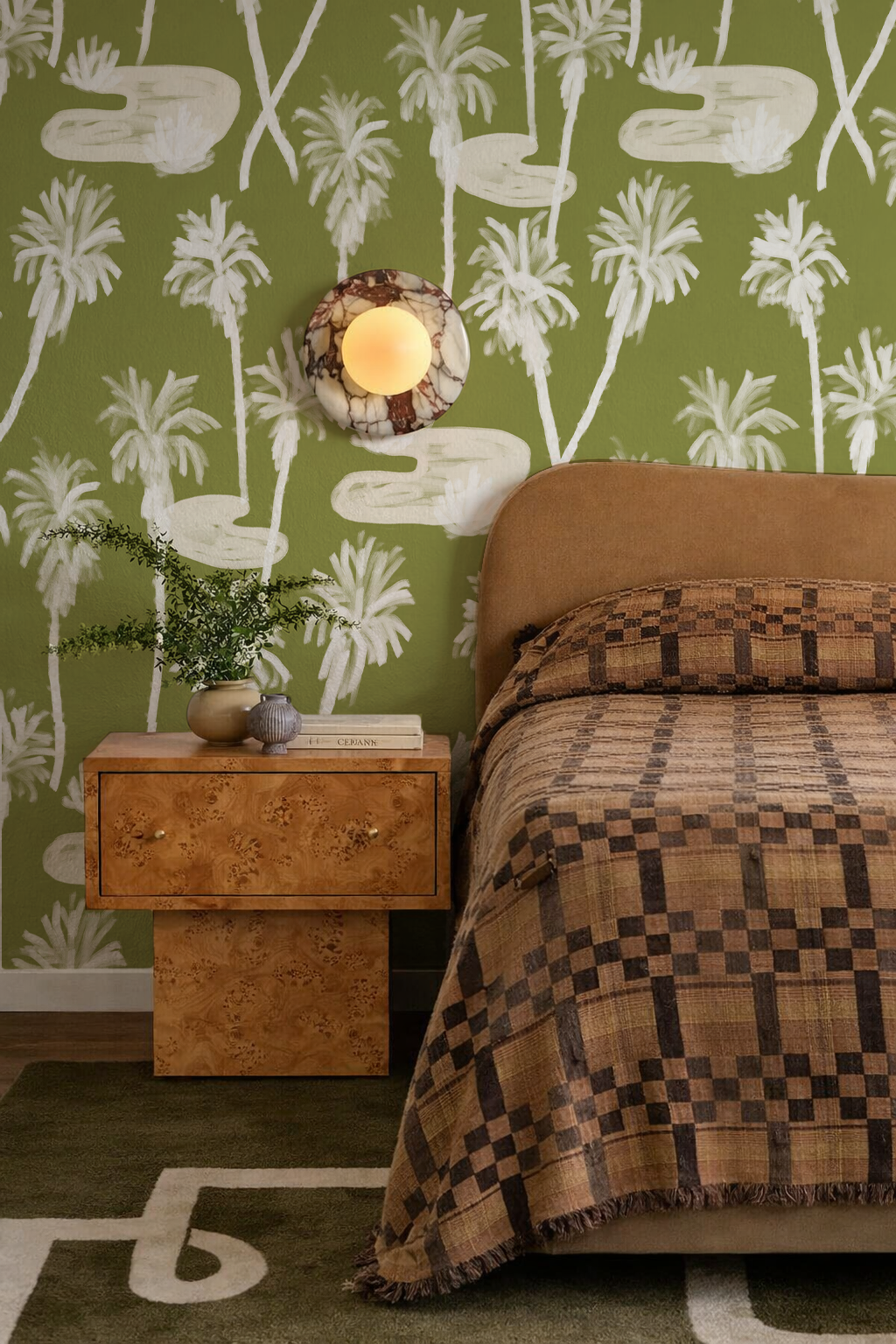 Palm Oasis Wallpaper, olive green and white