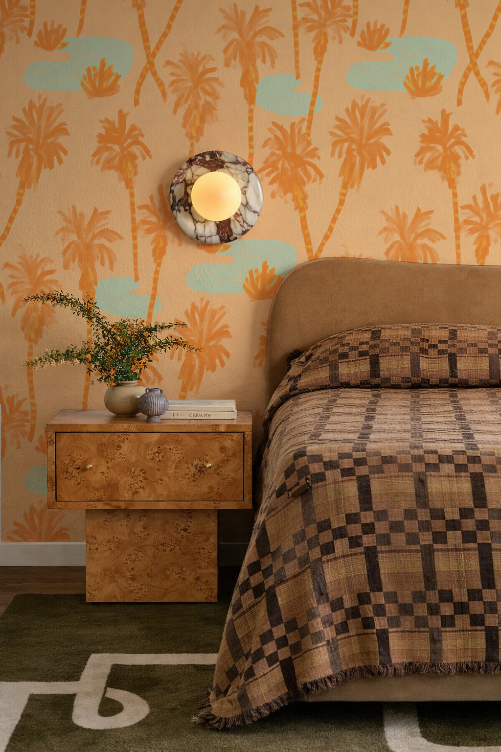 Palm Oasis Wallpaper, orange and mint