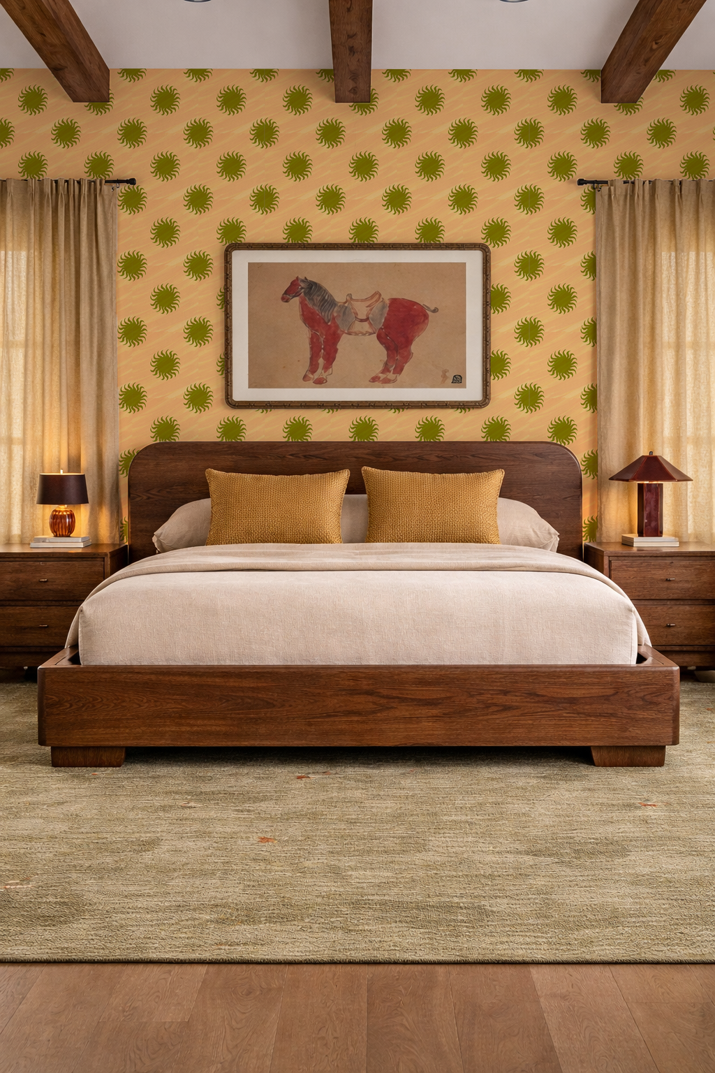 Sol Wallpaper, peach and olive green