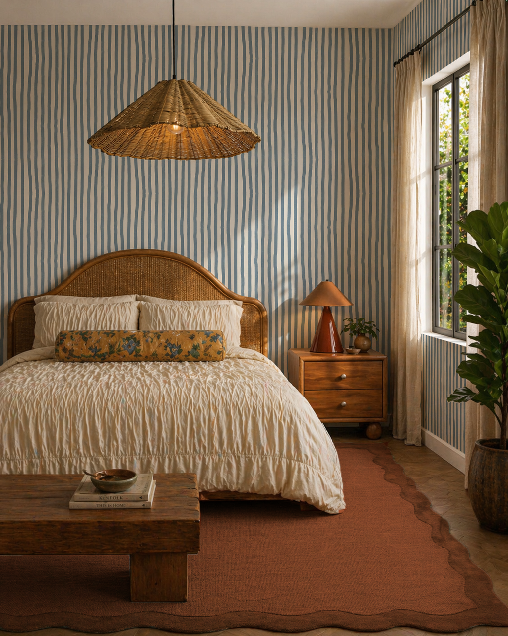 Dolce Stripe Wallpaper, off-white and dusty blue