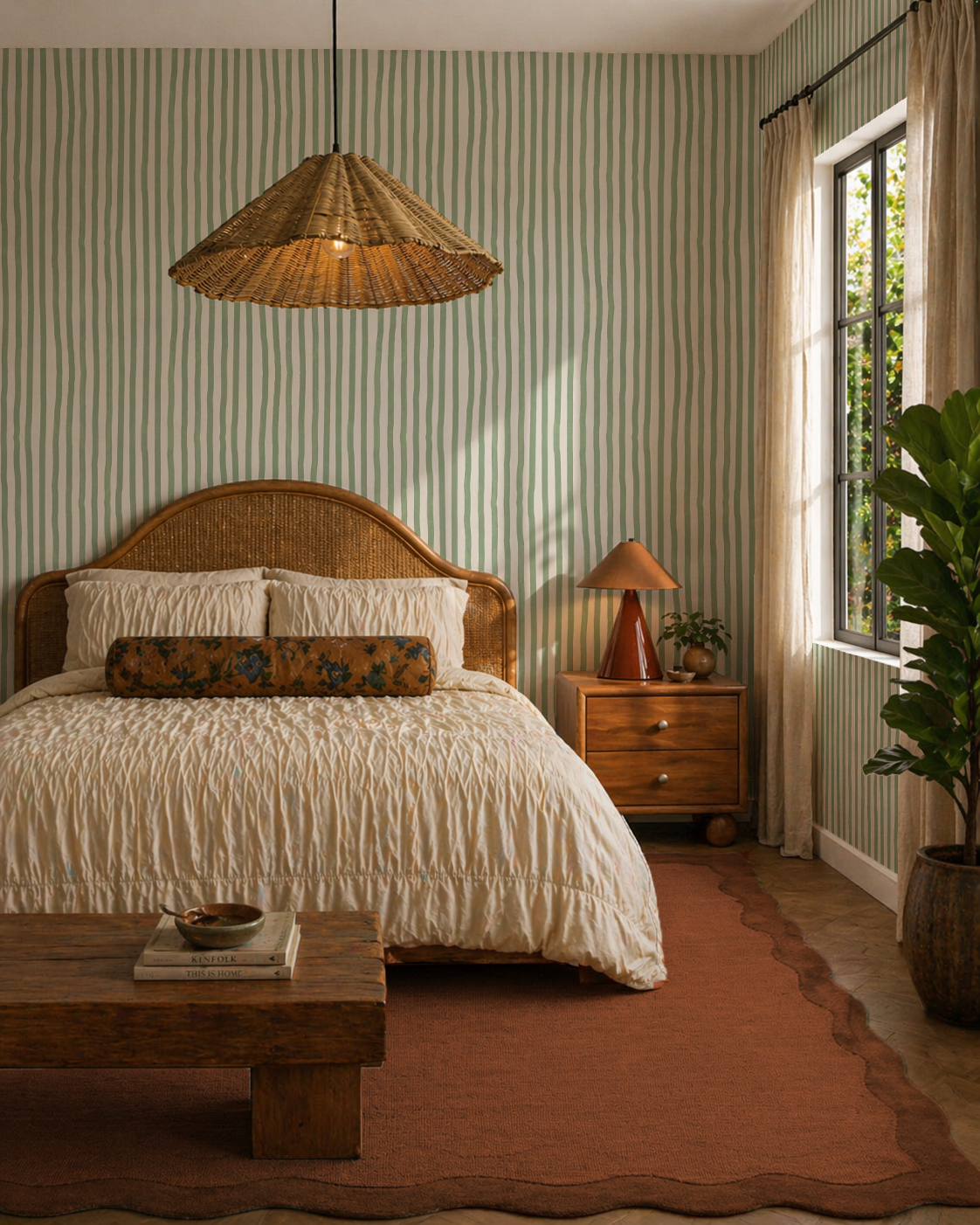 Dolce Stripe Wallpaper, off-white and sage