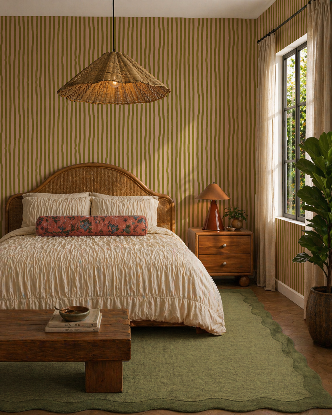 Dolce Stripe Wallpaper, peach and chartreuse