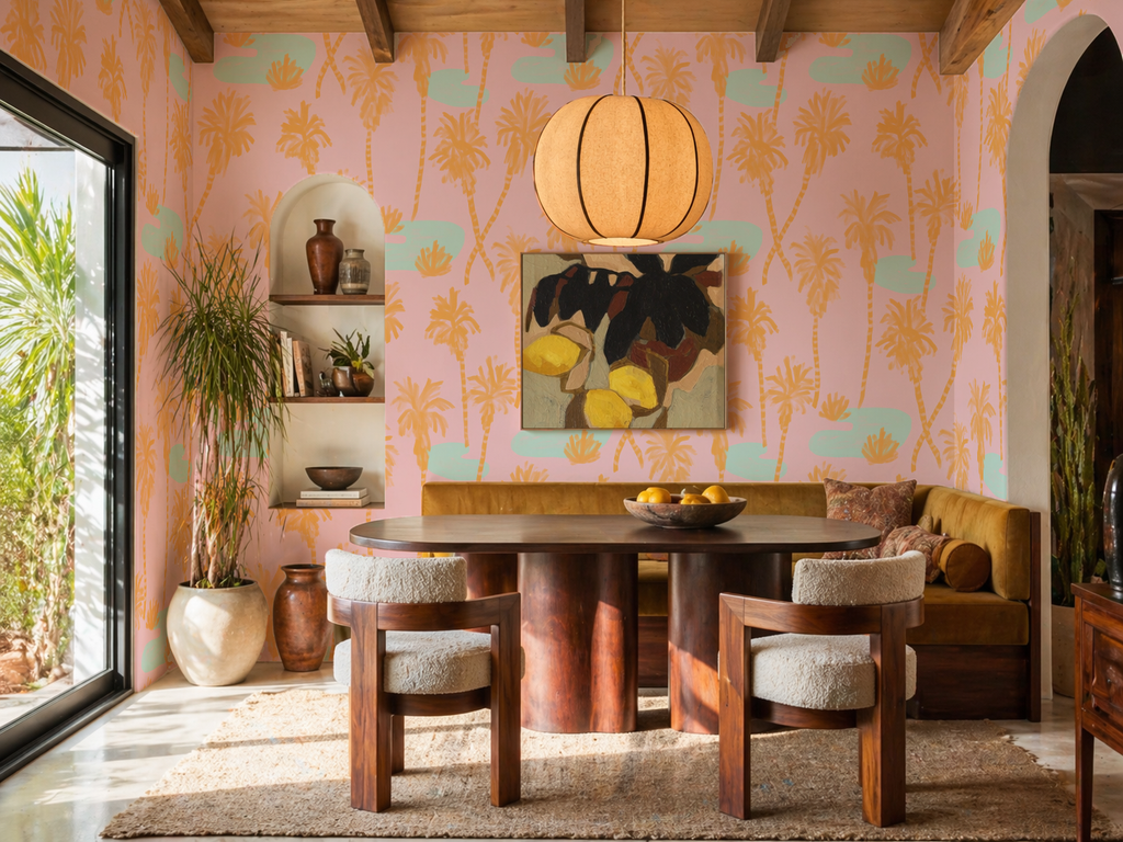 Palm Oasis Wallpaper, pink and orange