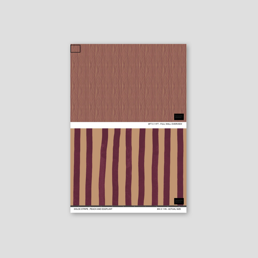 Dolce Stripe Wallpaper, peach and eggplant