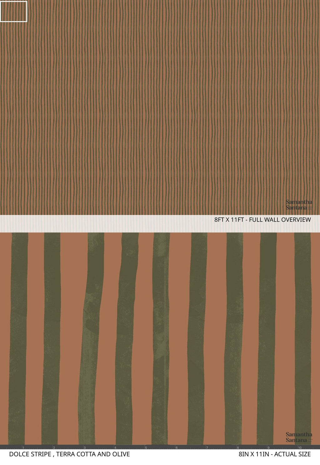 Dolce Stripe Wallpaper, terra cotta and olive