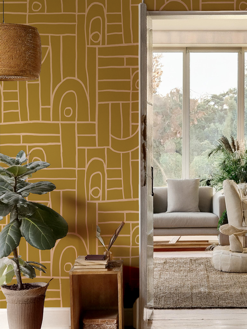 Deco Tile Wallpaper, mustard and peach