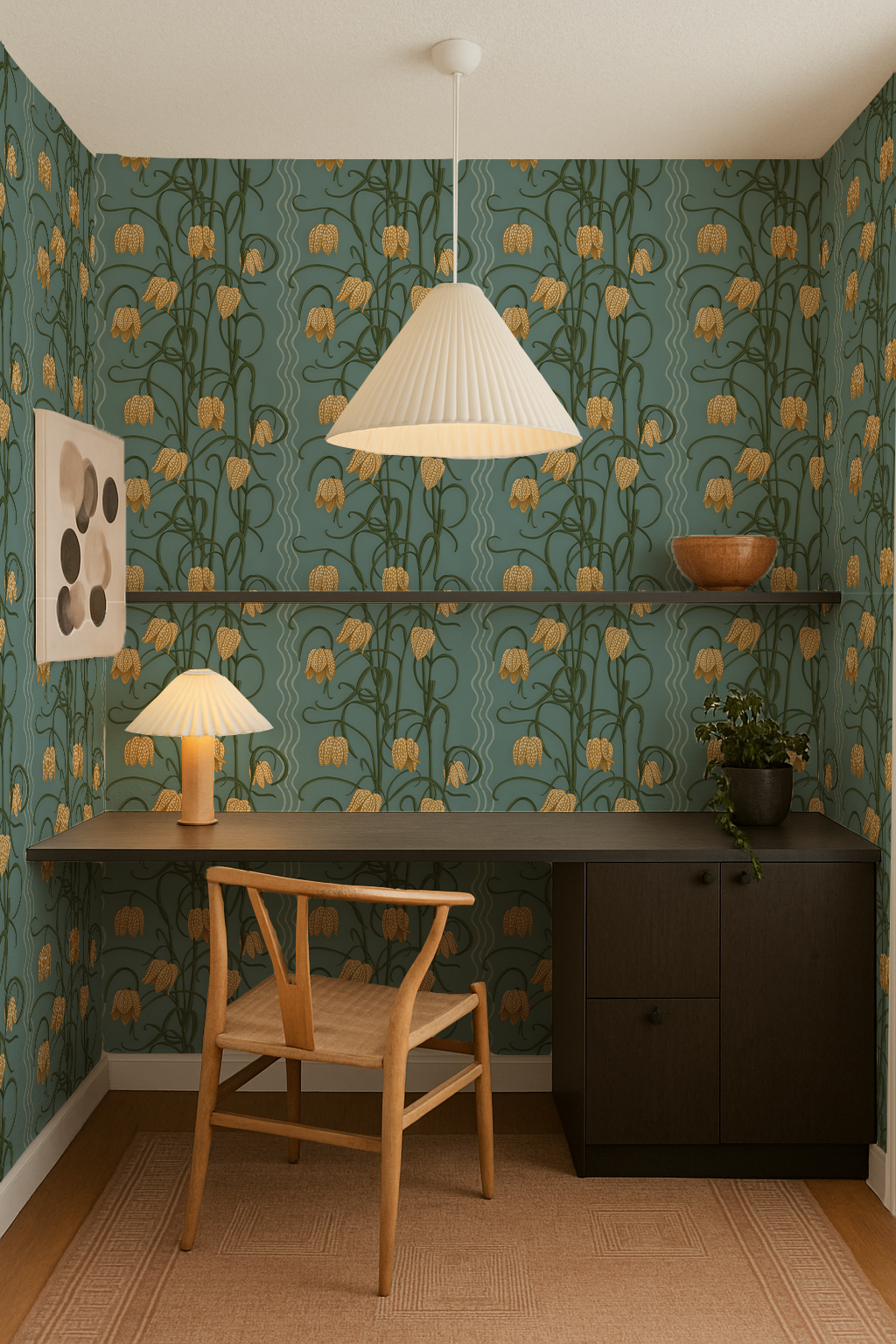 Campanas Wallpaper, dusty blue and marigold