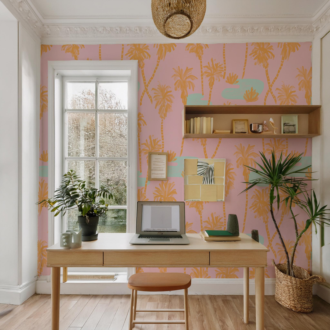 Palm Oasis Wallpaper, pink and orange