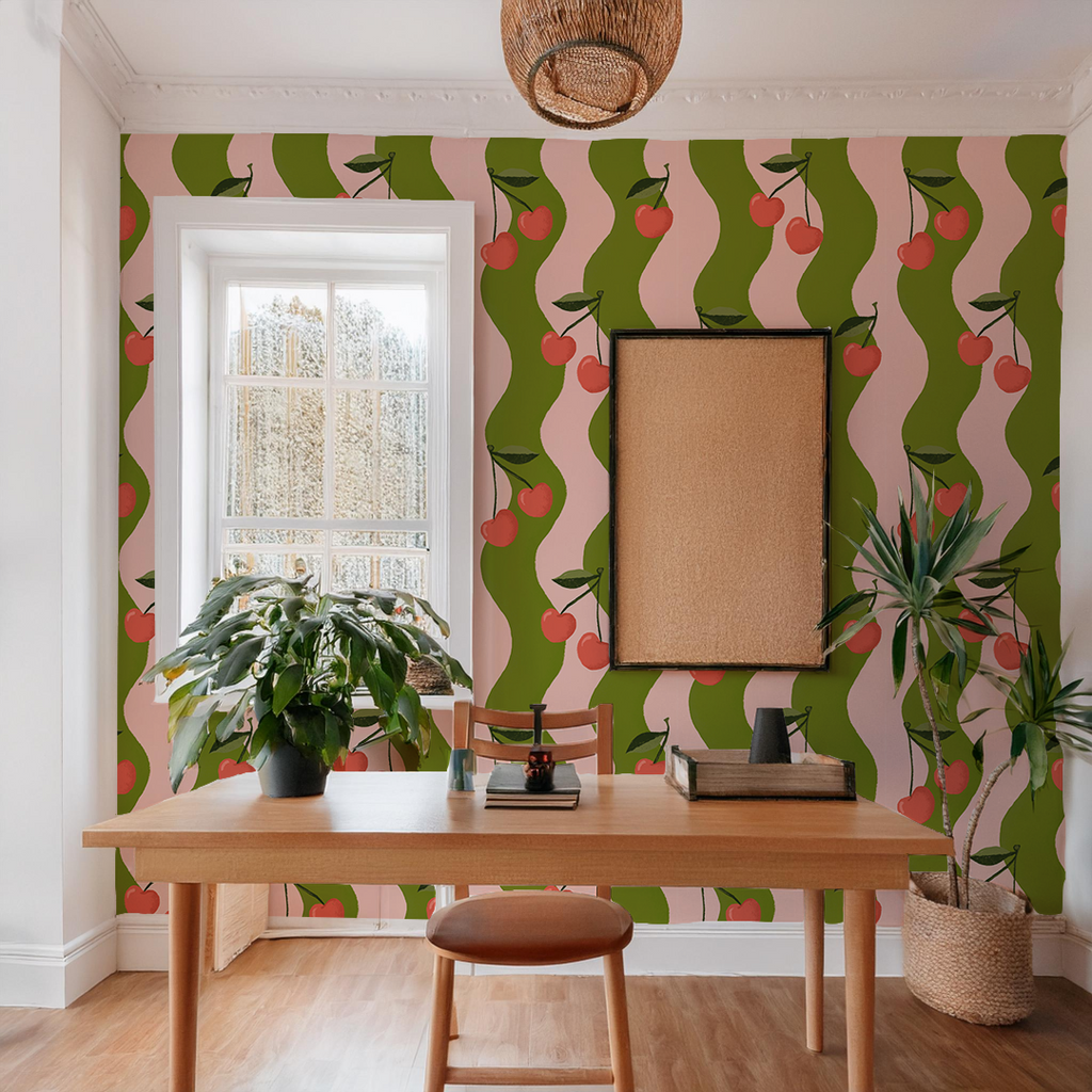 Wavy Cherry Wallpaper, pink and green