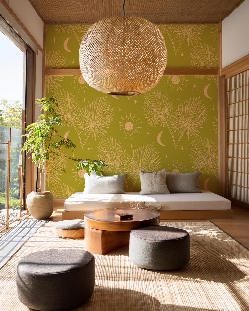 Night Palm Wallpaper, chartreuse and peach