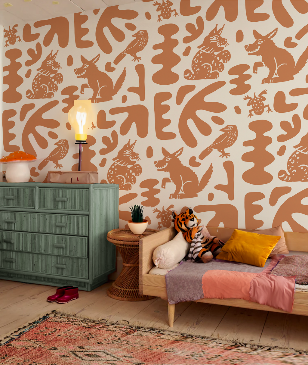Abstract Animales Wallpaper, white and terra cotta