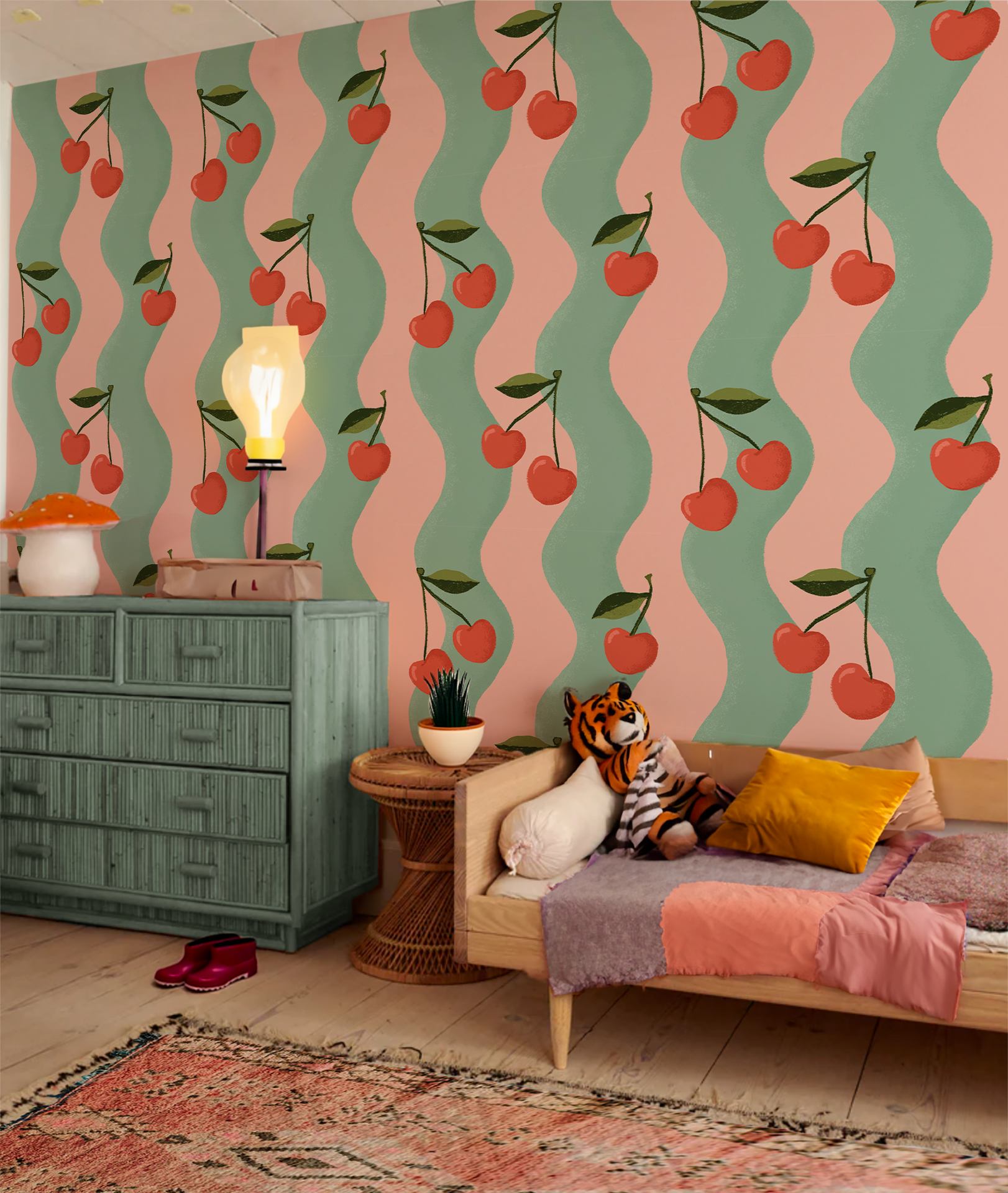 Wavy Cherry Wallpaper, pink and teal