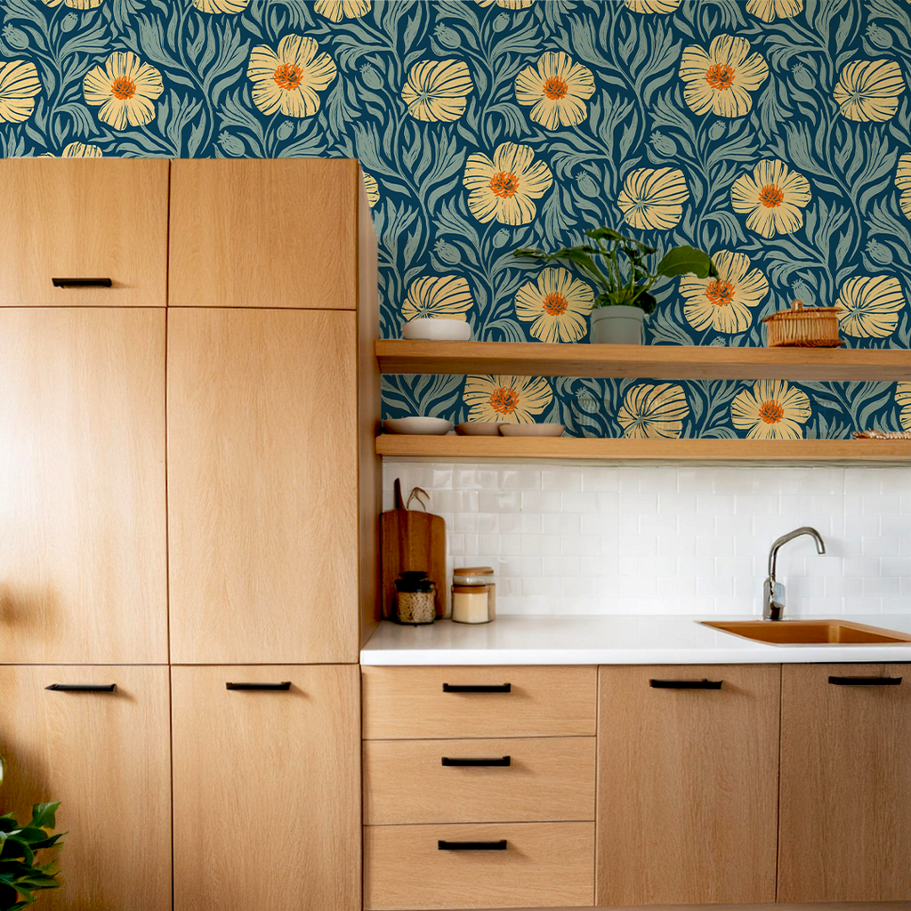 Matilija Wallpaper, navy, orange and mint
