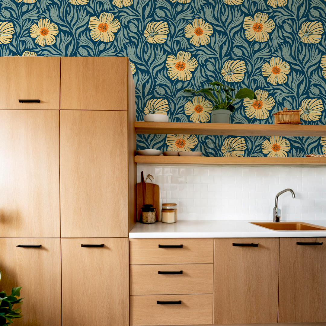 Matilija Wallpaper, navy, orange and mint