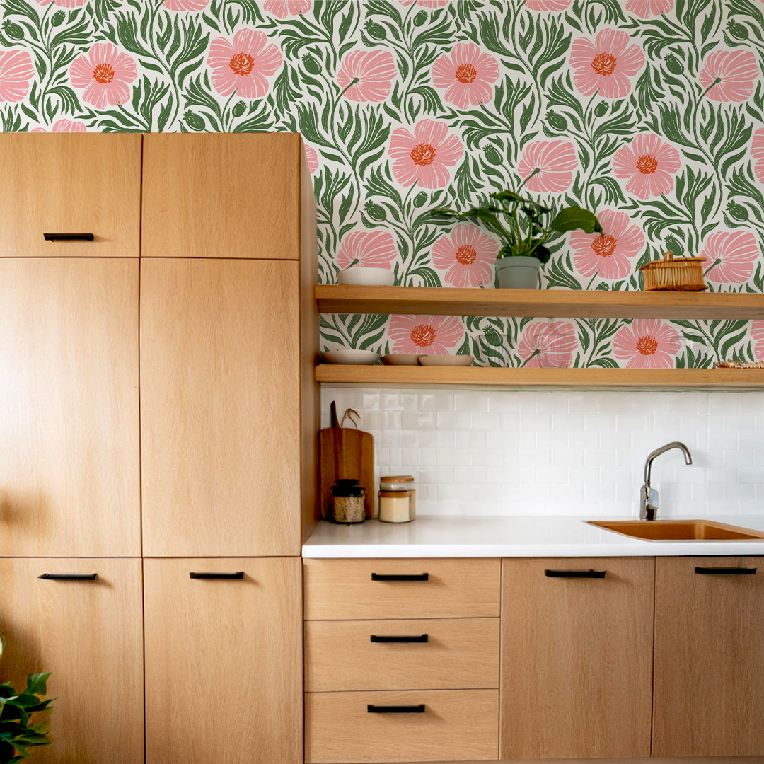 Matilija Wallpaper, white, pink and green
