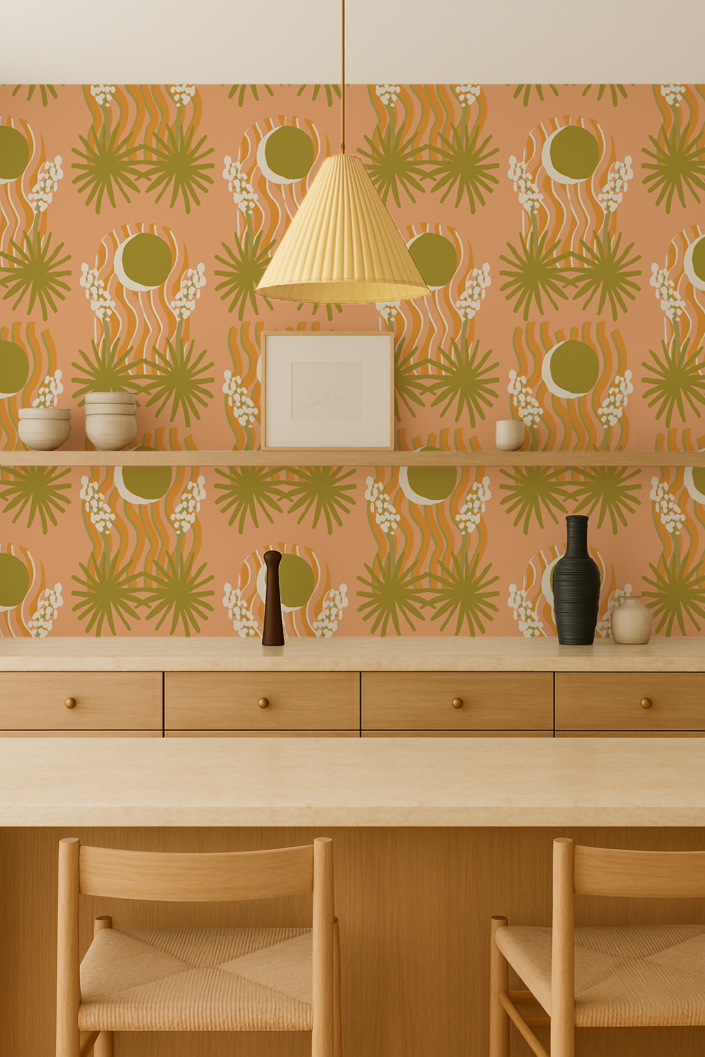 Yucca Moon Wallpaper, peach and green