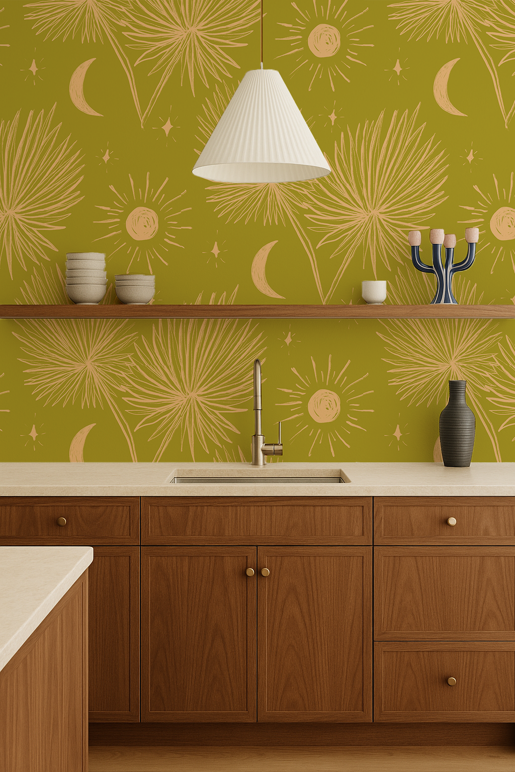Night Palm Wallpaper, chartreuse and peach