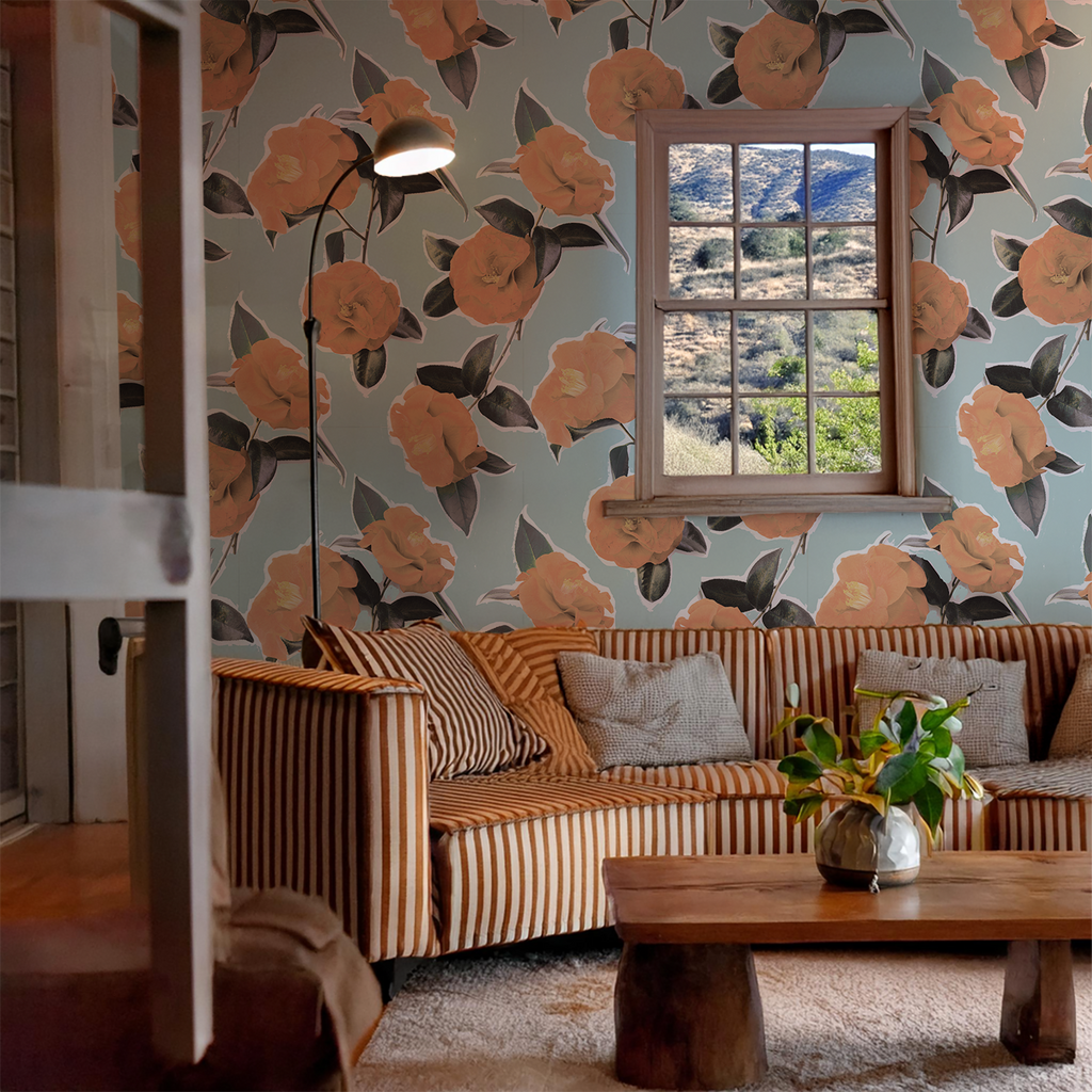 Camellia Wallpaper, light blue and orange