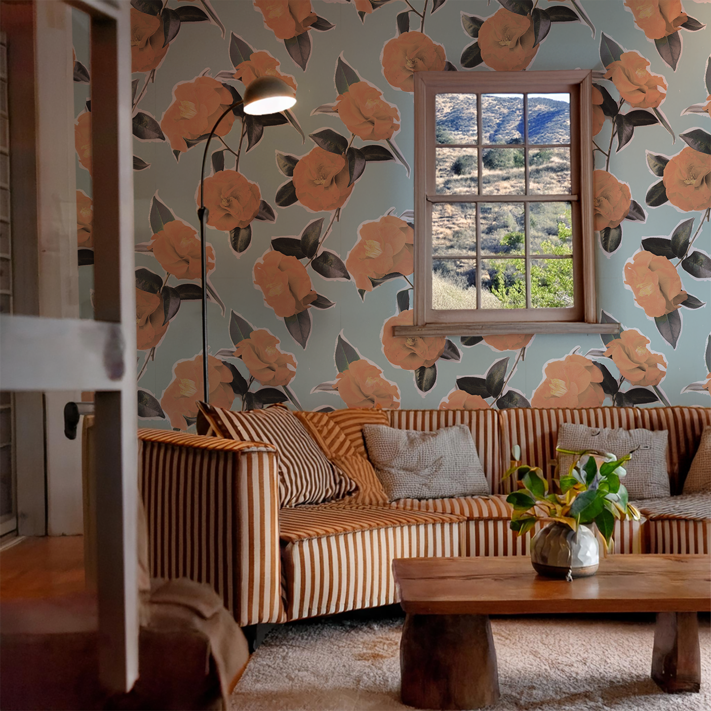 Camellia Wallpaper, light blue and orange
