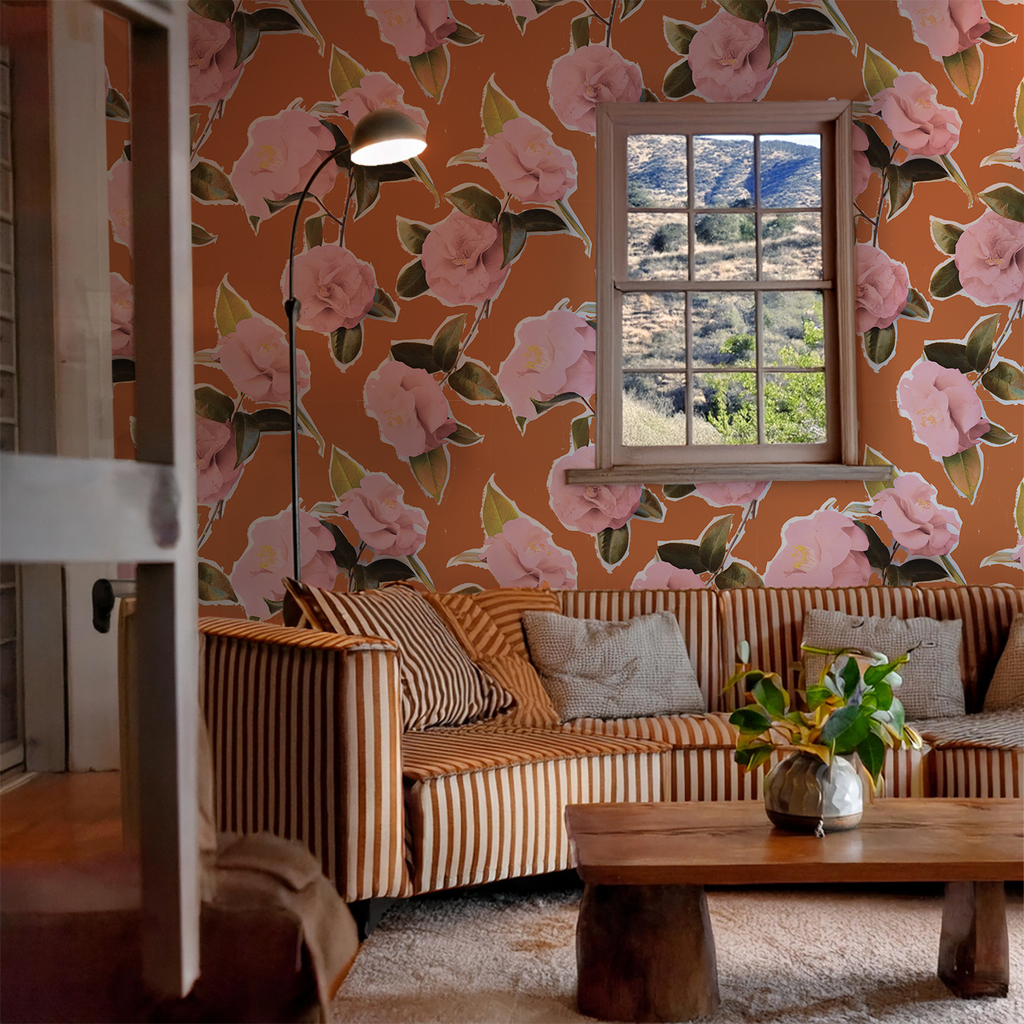 Camellia Wallpaper, rust and pink