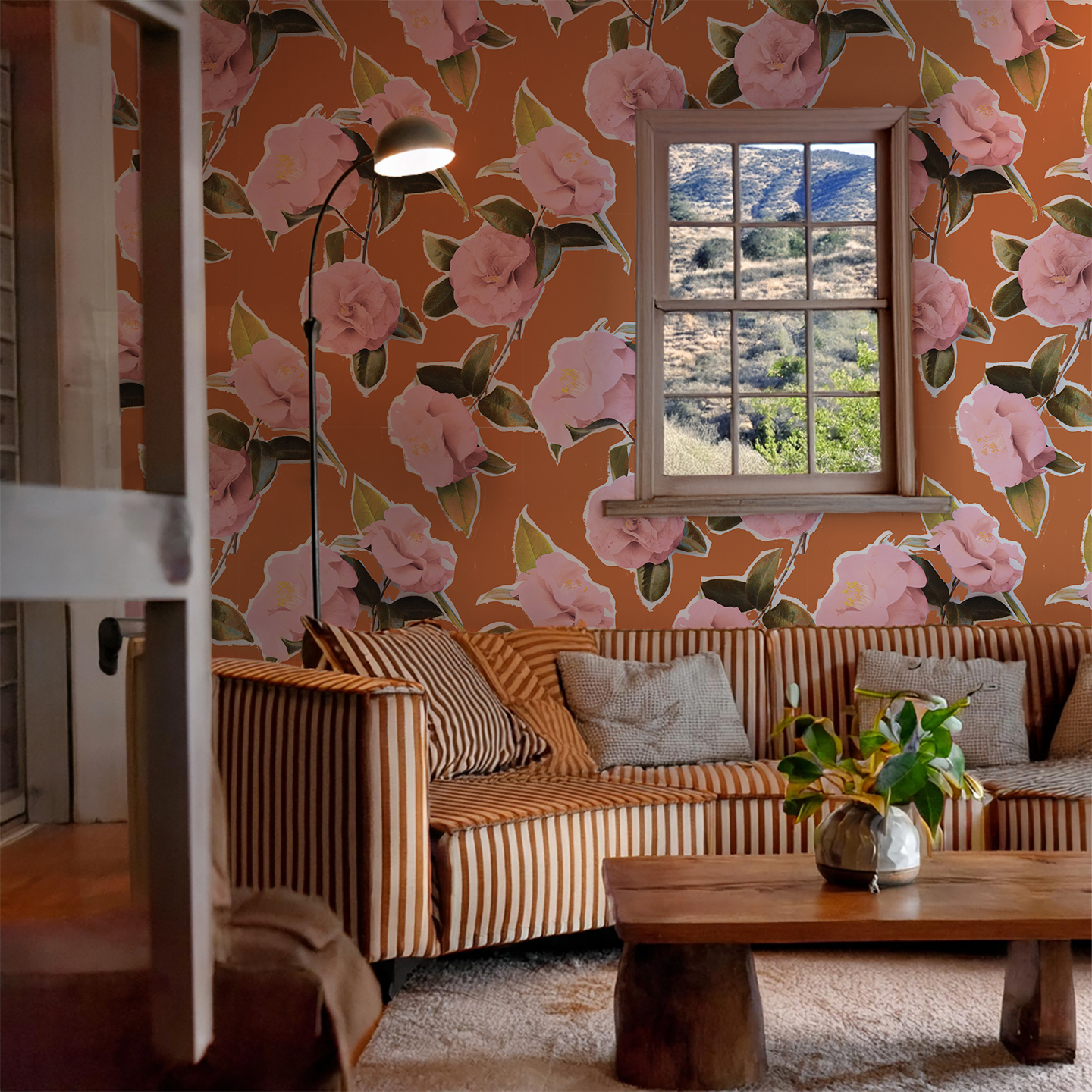 Camellia Wallpaper, rust and pink