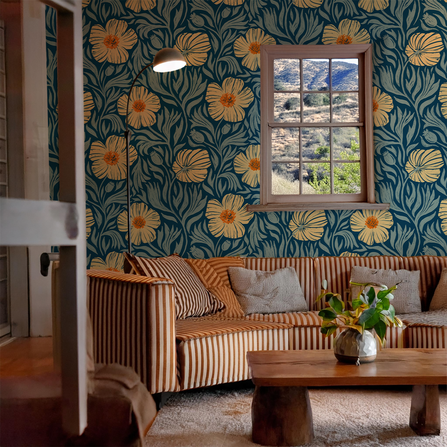 Matilija Wallpaper, navy, orange and mint