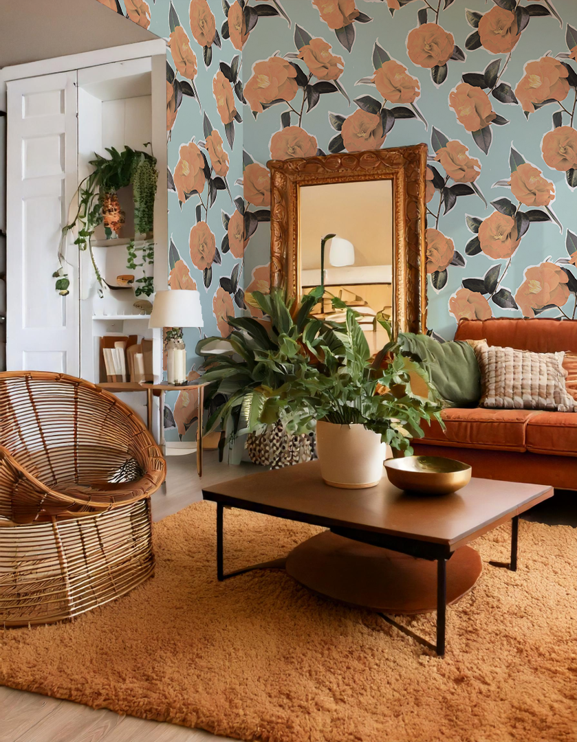 Camellia Wallpaper, light blue and orange