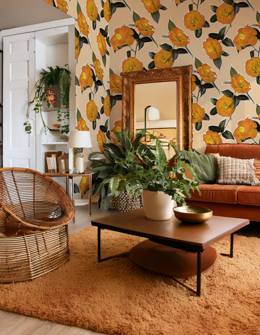 Camellia Wallpaper, peach and orange