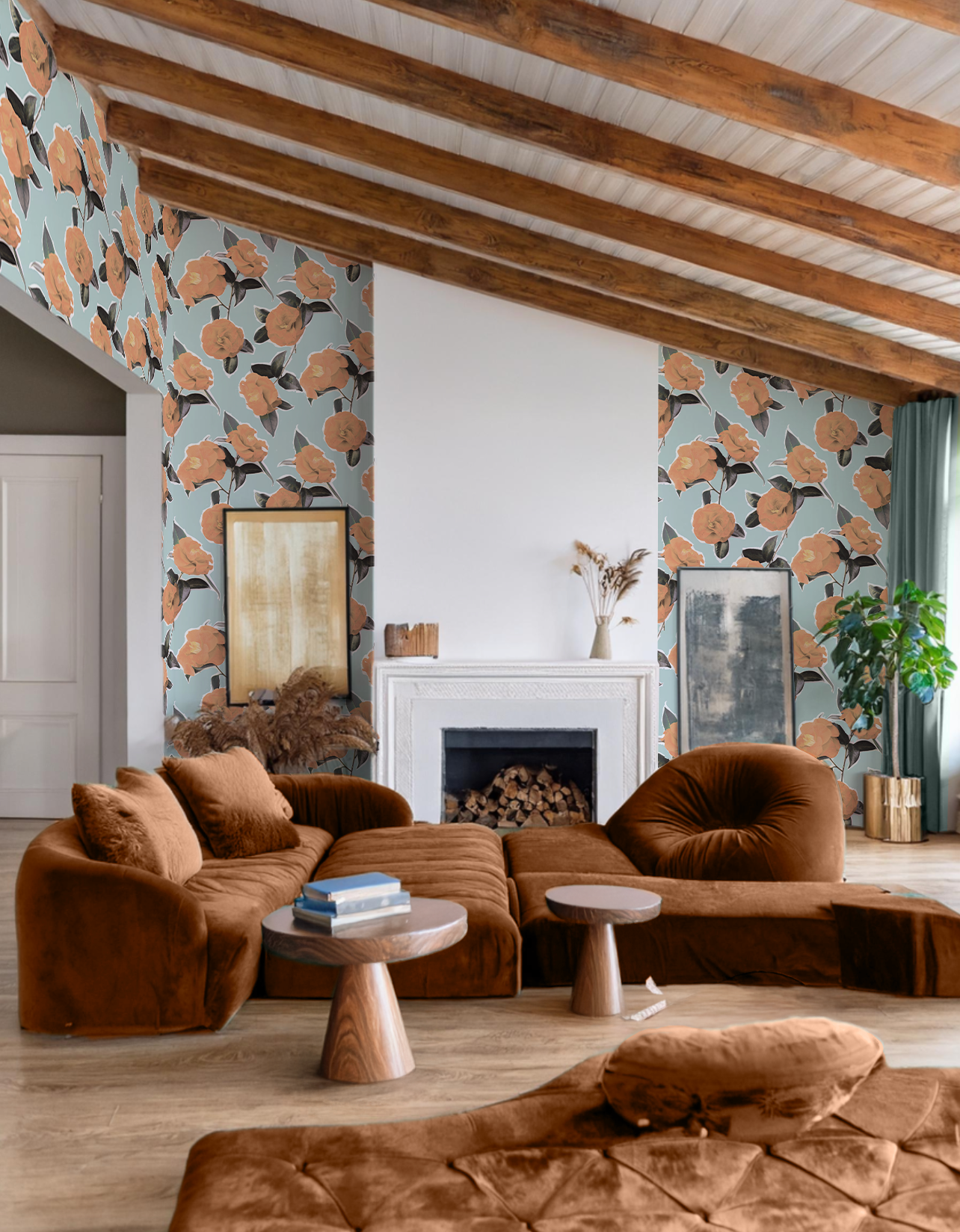 Camellia Wallpaper, light blue and orange