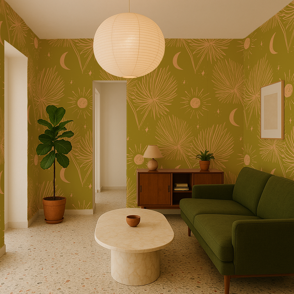 Night Palm Wallpaper, chartreuse and peach