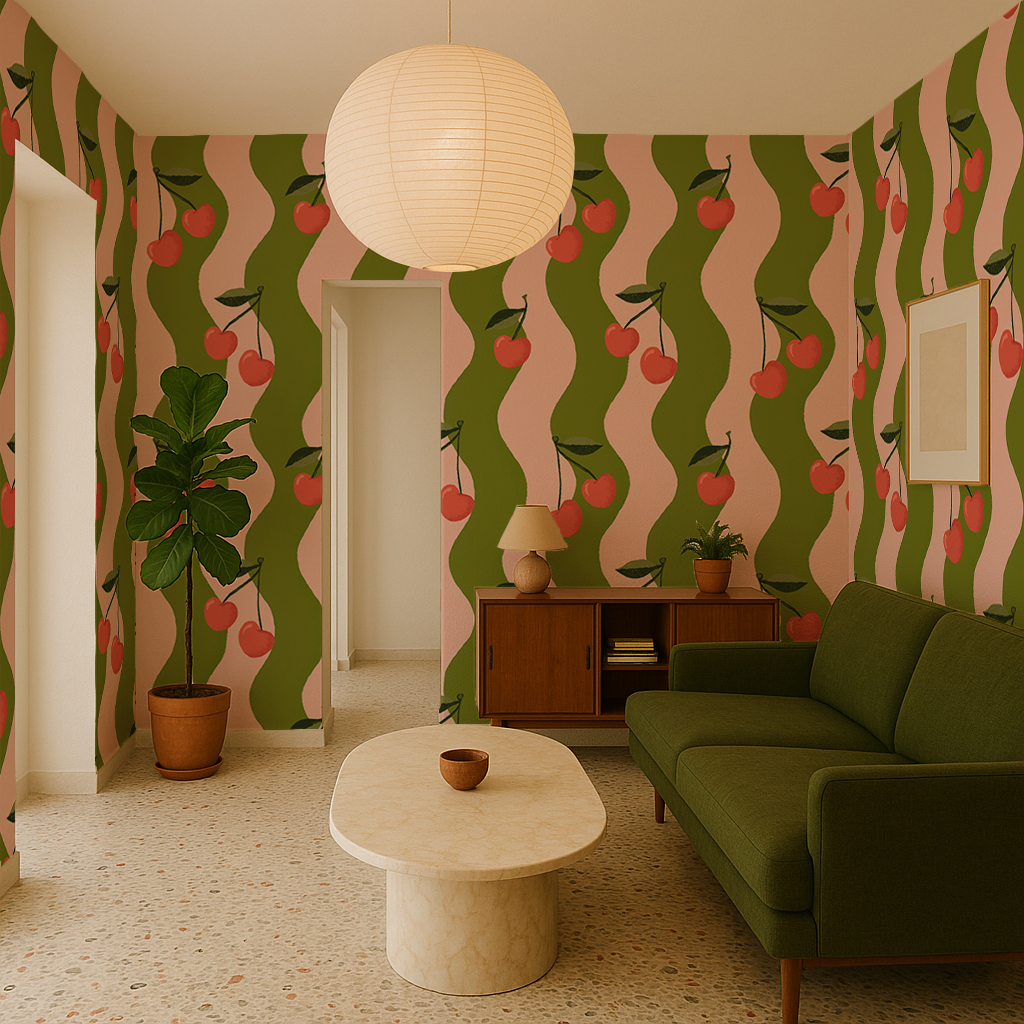 Wavy Cherry Wallpaper, pink and green