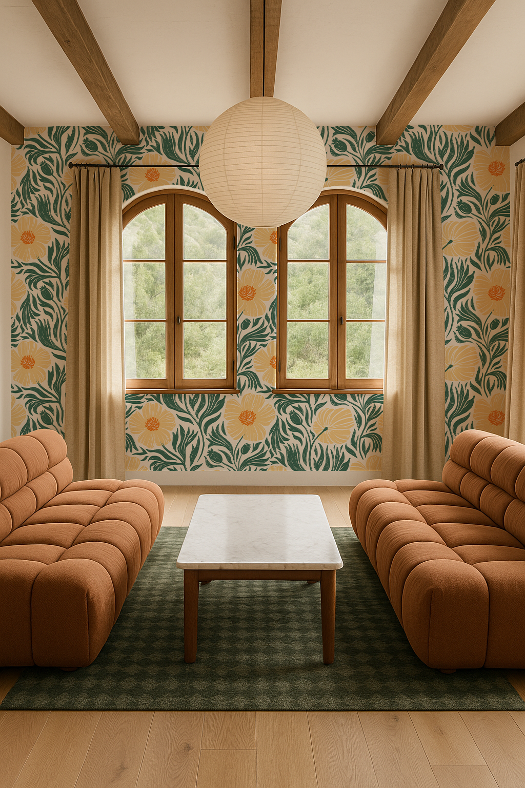Matilija Wallpaper, white, teal and peach