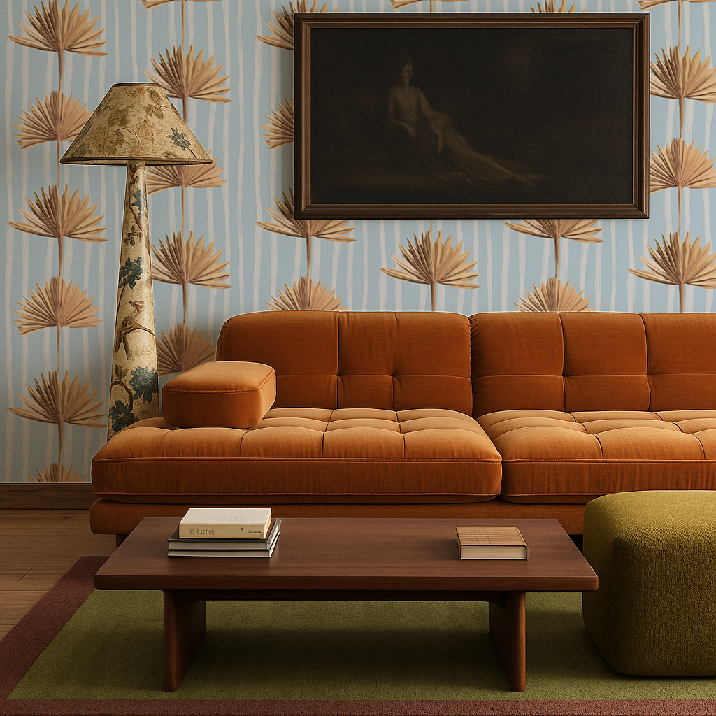 Stripey Palm Wallpaper, light blue and tan