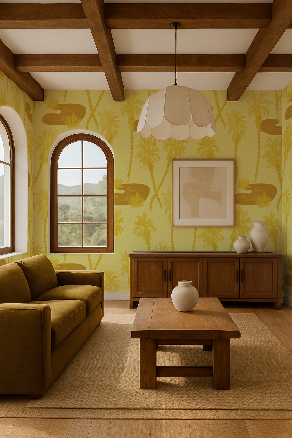 Palm Oasis Wallpaper, lemon yellow and ocher