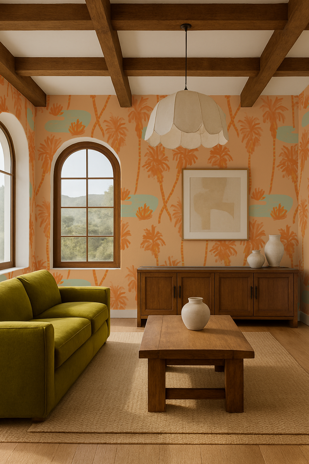Palm Oasis Wallpaper, orange and mint