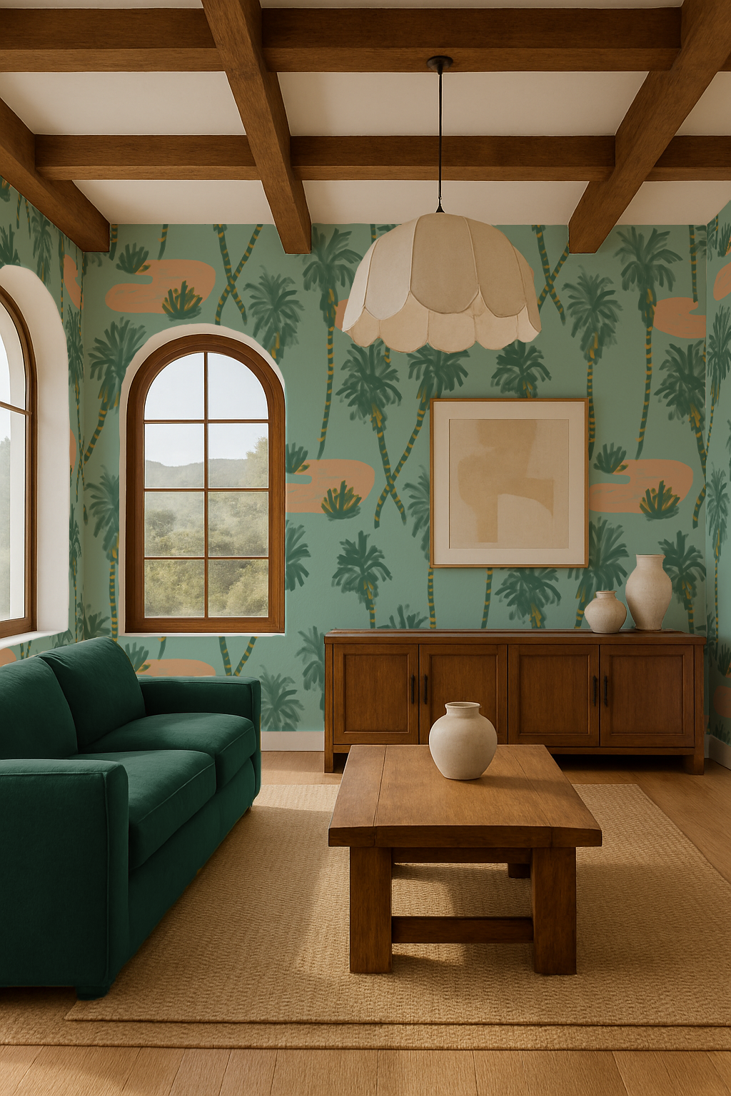 Palm Oasis Wallpaper, teal and peach